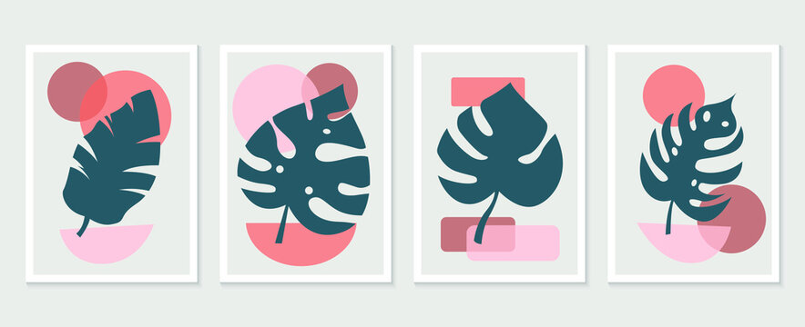 Botanical wall art vector set. Tropical Foliage line art drawing with abstract shape. Abstract Plant Art design for print, cover, wallpaper, Minimal and natural wall art. Vector illustration