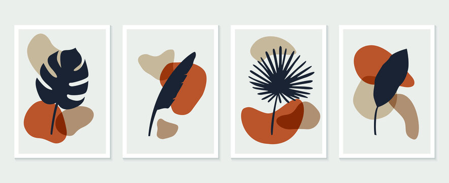Botanical wall art vector set. Tropical Foliage line art drawing with abstract shape. Abstract Plant Art design for print, cover, wallpaper, Minimal and natural wall art. Vector illustration