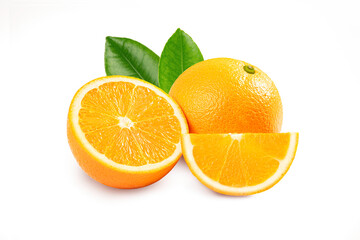 Orange fruit  with half and leaves isolated on white background.