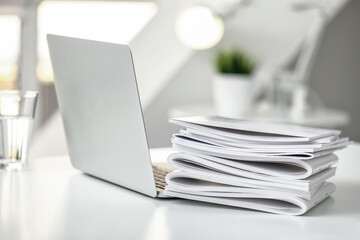 Laptop and stack of blank magazines on table