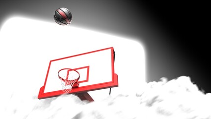 Scratched Metallic Black-Red Basketball and Basketball Goal Plate with dark brown toned foggy smoke background. 3D CG. 3D sketch design and illustration. 3D high quality rendering.