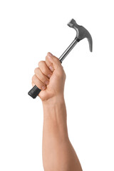 Hammer in male hand on white background
