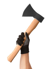 Ax in male hand on white background