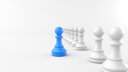 Leadership concept, blue pawn of chess, standing out from the crowd of white pawns, on white background with empty copy space. 3D Rendering