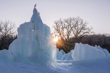 Ice sculptures on Rush River, Wisconsin, at sunset time