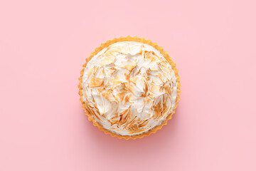 Tasty coconut pie on color background