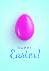 Happy Easter. Greeting Card with Glossy Pink Easter Egg closeup and Blue Greeting Text. Isolation on a light blue background