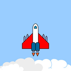 Space rocket flying in sky, flat design colored vector illustration on background. color editable