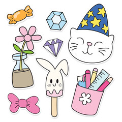 Funny objects hand drawn sticker set