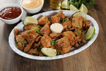 Portion of fried chicken with lemon. Lettuce, green onion, ketchup and mayonnaise
