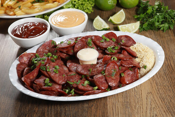 Portion of pepperoni sausage with lemon. Lettuce, green onion, ketchup and mayonnaise