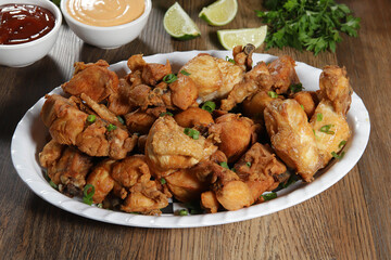 Portion of fried chicken with lemon. Lettuce, green onion, ketchup and mayonnaise