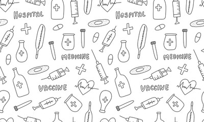 Seamless pattern with medicine items. Vector hand drawn illustration in doodle style. Medical first aid kit