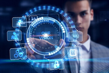 Business, Technology, Internet and network concept. Young businessman working on a virtual screen of the future and sees the inscription: Our vision