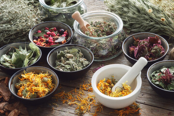 Mortar, bowls and jars of dry medicinal herbs on table. Healing herbs assortment. Alternative...