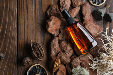 Bootle of oil, moisturizing lotion or other cosmetic product on wooden background with pine bark,...