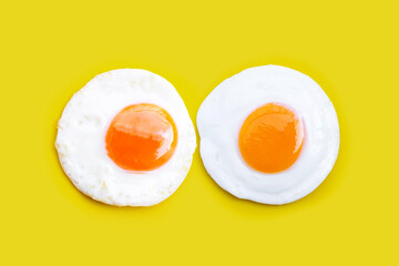 Fried eggs on yellow background.