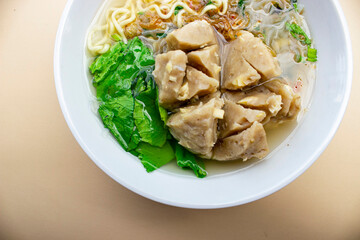 Bakso urat  or meatball muscles  is popular traditional food made from meat and cow muscles served with vegetables, noodle and flavour soup served on bowl