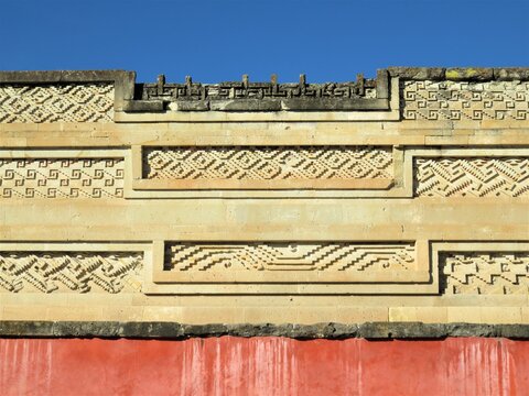 detail of the wall of the temple in Mitla, Mexico