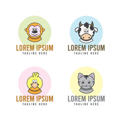 Pet portrait flat icon set with cow chicken cat monkey isolated vector illustration