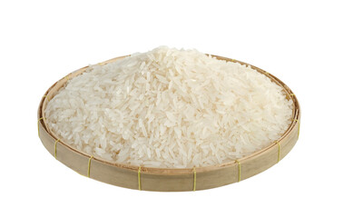 Thai jasmine rice in bamboo basket isolated on white background, clipping path.