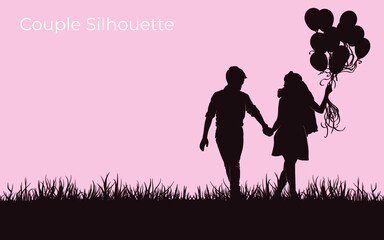 Plakat Couple of love silhouettes vector template. Women and man holding hand. Wedding cover concept. Detail illustration. Eps 10
