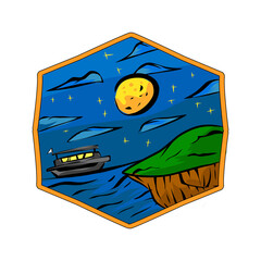 Starry night Sea badge vector. Starry view with mountain illustration.