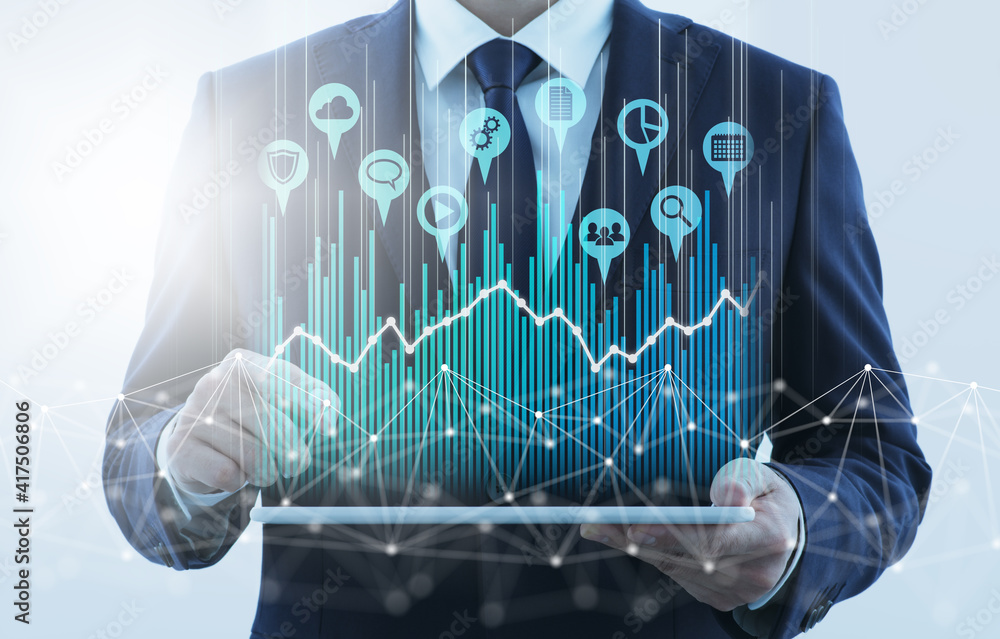 Poster Business analysis and technology. Businessman using tablet computer. Network structure and graph.