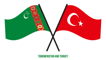 Turkmenistan and Turkey Flags Crossed And Waving Flat Style. Official Proportion. Correct Colors.