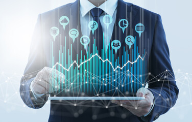 Business analysis and technology. Businessman using tablet computer. Network structure and graph.