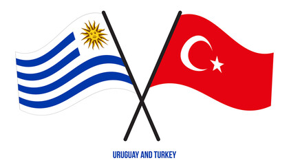 Uruguay and Turkey Flags Crossed And Waving Flat Style. Official Proportion. Correct Colors.