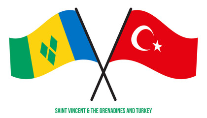 Saint Vincent & the Grenadines and Turkey Flags Crossed And Waving Flat Style. Official Proportion.