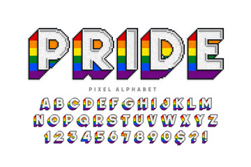 Pixel vector alphabet, stylized like in 8-bit games.