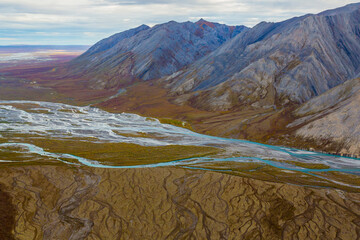 USA, Alaska, Brooks Range, Arctic National Wildlife Refuge. Aerial of mountains and Ivishak River.