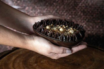 Close-up of easter egg dessert.