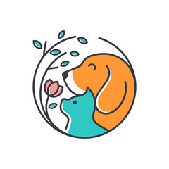 Vector Pet Shop logo design template. Modern animal icon label for store, veterinary clinic, hospital, shelter, business services. Flat illustration background with dog and cat.
