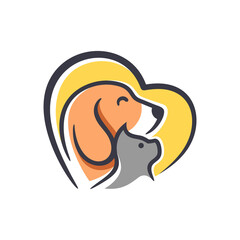 Vector Pet Shop logo design template. Modern animal icon label for store, veterinary clinic, hospital, shelter, business services. Flat illustration background with dog and cat.
