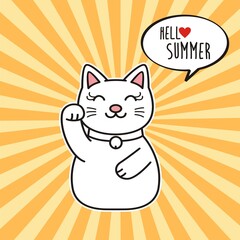 Hello Summer with cute cat, vector illustration.Trendy illustration. Tropical cat. Animal exotic. Element for print design, greeting card, posters, party decorations.
