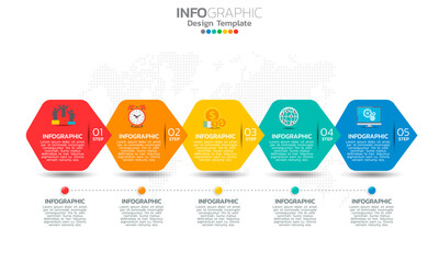 Timeline infographic template with arrows and 5 options flat design