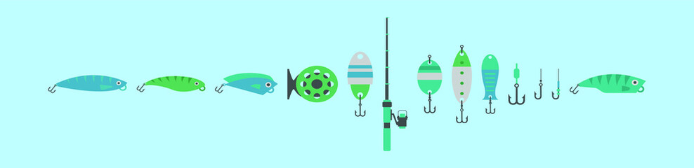 set of fishing tackle cartoon icon design template with various models. vector illustration isolated on blue background
