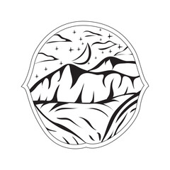 Starry night Lake badge vector. Starry view with mountain illustration.