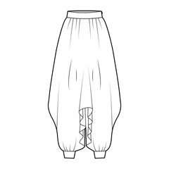 Pants sarouel technical fashion illustration with normal draped waist, high rise, pleats, wide legs, oversized. Flat bottom trousers apparel template front, white color. Women, men, unisex CAD mockup