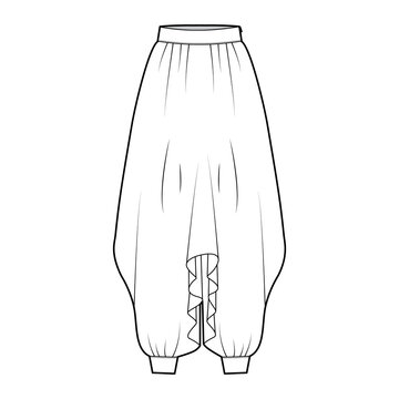 Pants sarouel technical fashion illustration with normal draped waist, high rise, pleats, wide legs, oversized. Flat bottom trousers apparel template front, white color. Women, men, unisex CAD mockup