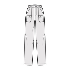Bush pants Denim pants technical fashion illustration with normal waist, high rise, patch bellows cargo pockets. Flat bottom apparel template front grey color style. Women, men, unisex CAD mockup