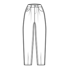 Slouchy Jeans Denim pants technical fashion illustration with ankle length, normal waist, high rise, 5 pockets, Rivets, oversized. Flat bottom template front white, color style. Women, men, CAD mockup