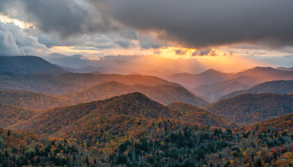 Colorful setting autumn sun on the southern stretch of  Blue Ridge Parkway - North Carolina   