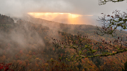 Autumn Fog at sunrise at the Waterrock Knob visitor center on the Blue Ridge Parkway - North...