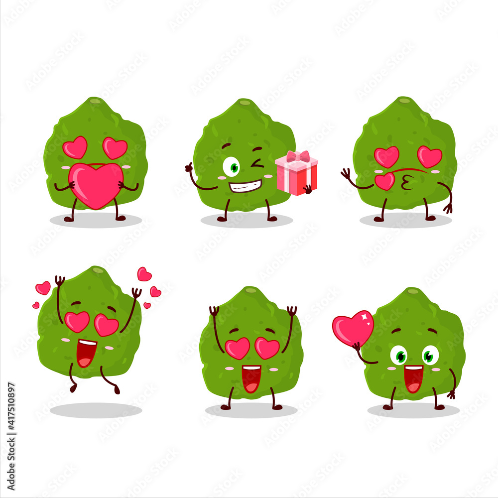 Sticker Kaffir lime fruit cartoon character with love cute emoticon