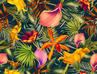 Seamless pattern with Tropical flowers and leaves design. Stylish trendy fashion floral pattern. Floral Texture for fabric. - 417510808