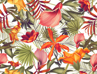 Seamless pattern with Tropical flowers and leaves design. Stylish trendy fashion floral pattern. Floral Texture for fabric.